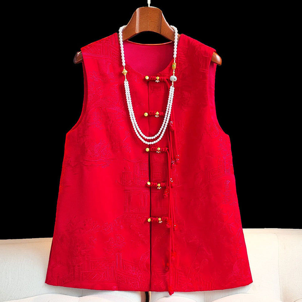 Red high end embroidery new Chinese style buttoned acetate vest vest women s retro improved round neck national style top jacket image 9