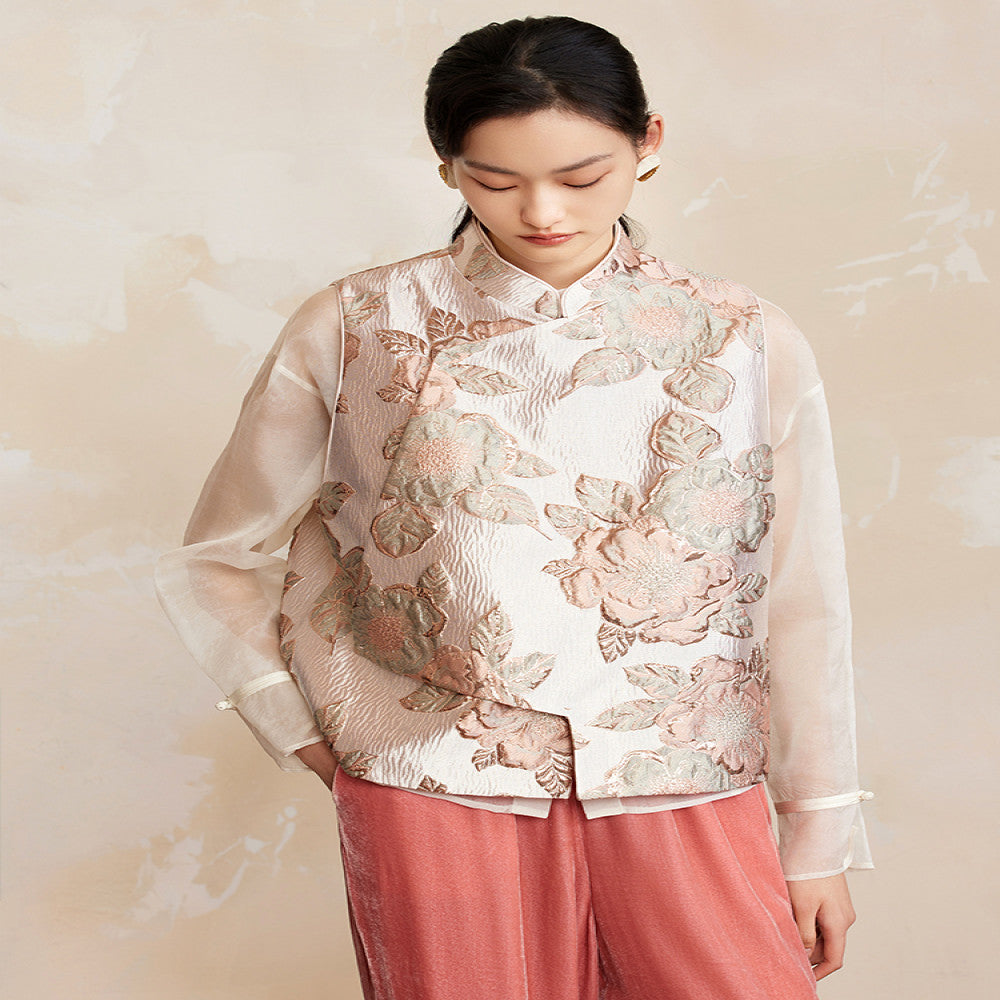 Ruyi Lian Yun Yao Ye Liang Silk Satin Jacquard Vest Women s New Chinese Style Pocket Metal Buckle Vest image 1