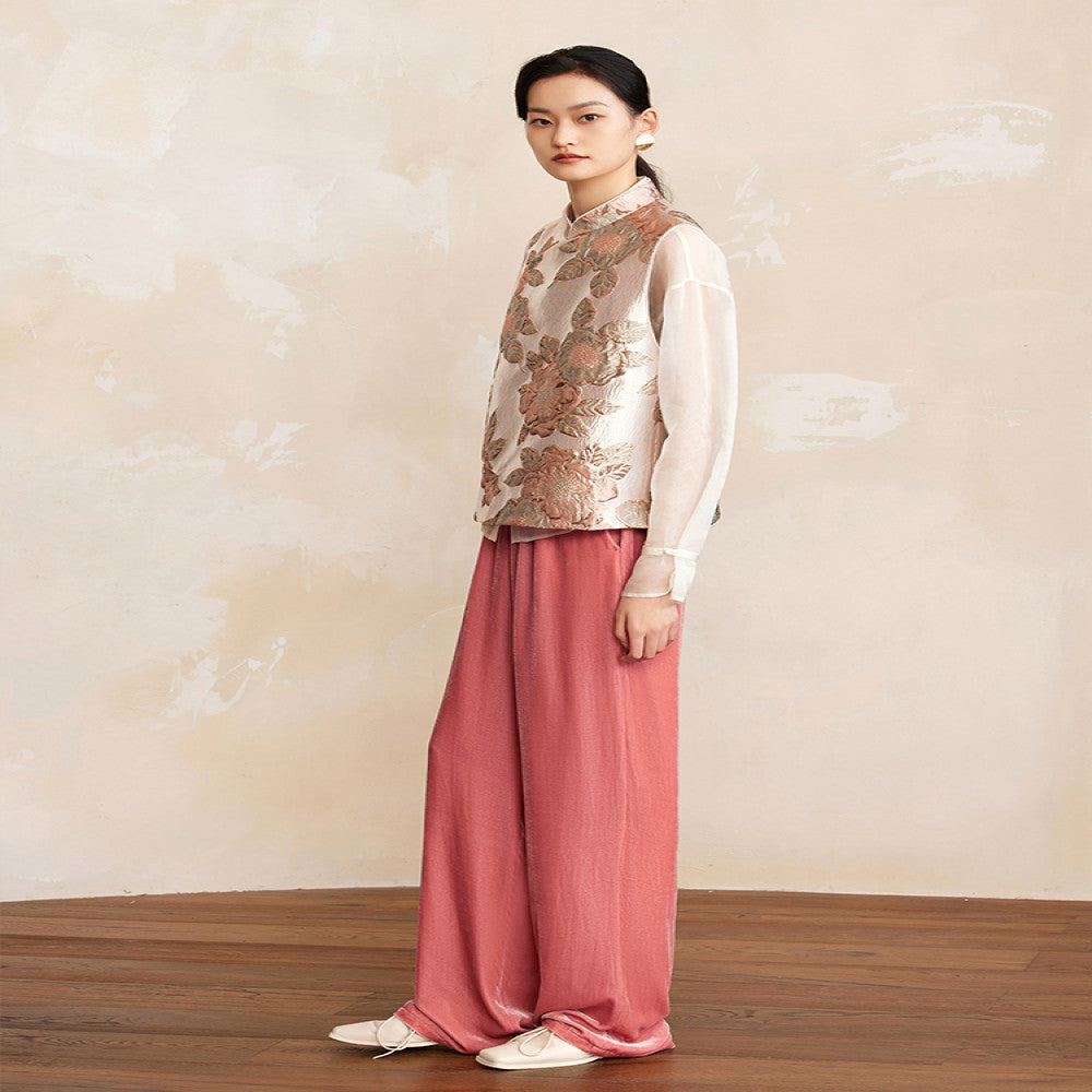 Ruyi Lian Yun Yao Ye Liang Silk Satin Jacquard Vest Women s New Chinese Style Pocket Metal Buckle Vest image 2