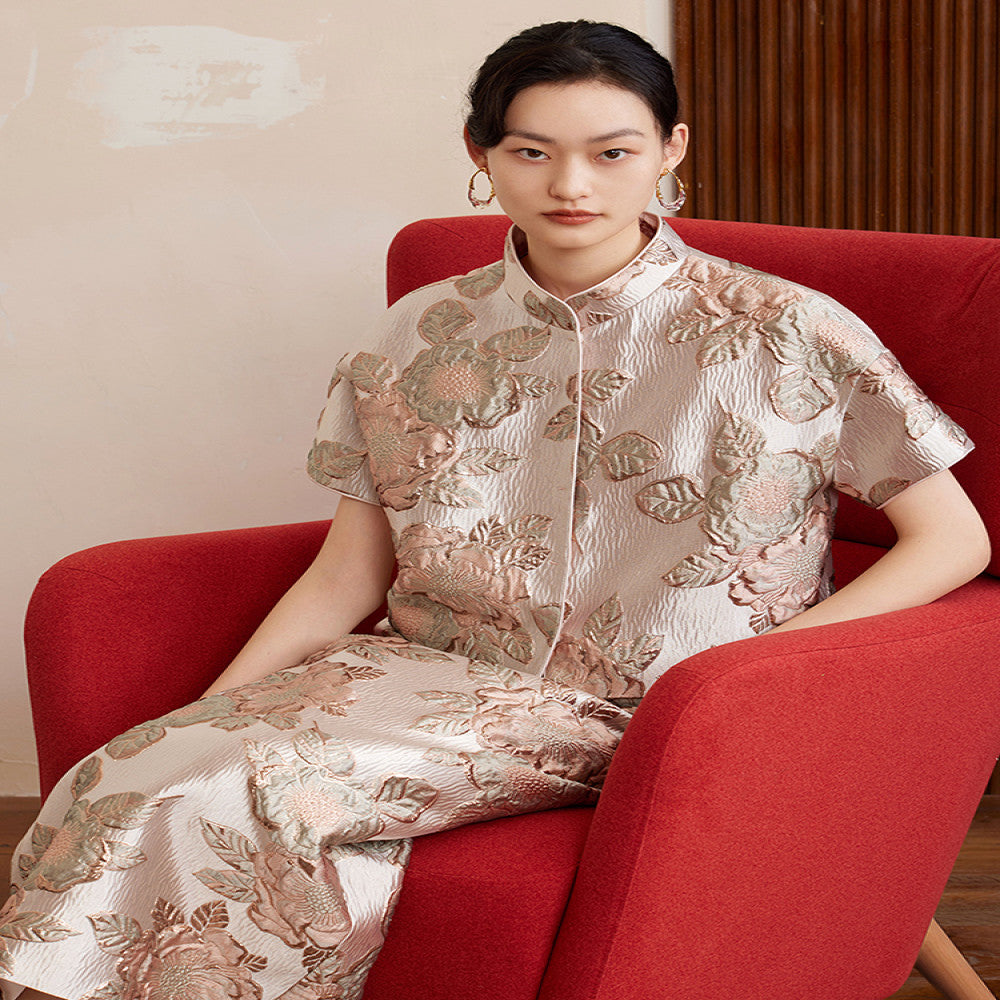 Ruyi Lianyun Ningshuo Bright Silk Double breasted Satin Jacquard Short Jacket Women s New Chinese Style Short sleeved Top image 1