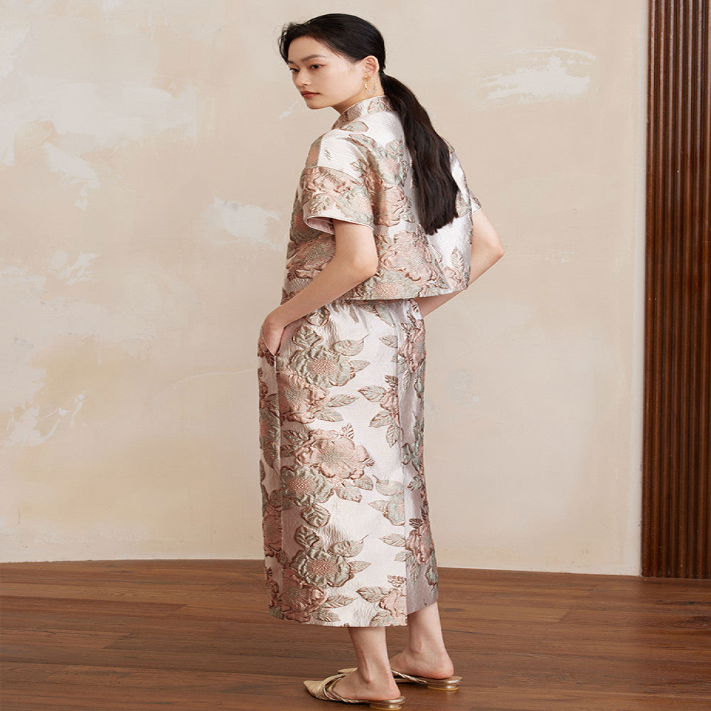 Ruyi Lianyun Ningshuo Bright Silk Double breasted Satin Jacquard Short Jacket Women s New Chinese Style Short sleeved Top image 4