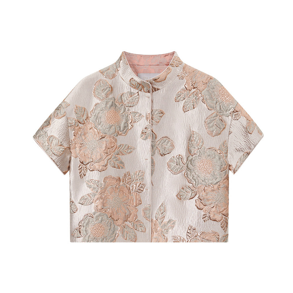 Ruyi Lianyun Ningshuo Bright Silk Double breasted Satin Jacquard Short Jacket Women s New Chinese Style Short sleeved Top image 8