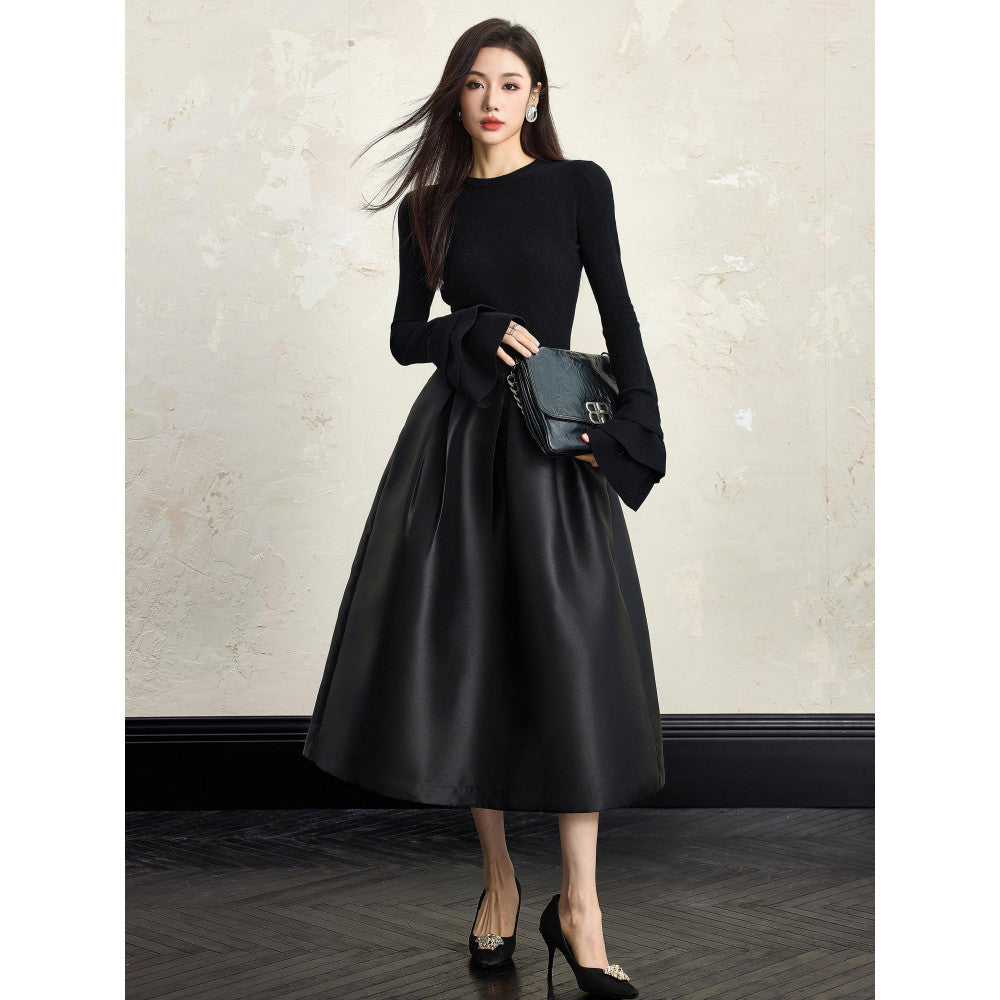 Black A line puffy skirt women s autumn and winter 2024 new style high end temperament inner long skirt three views image 0