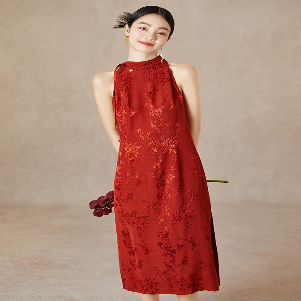 Straw Xi Summer New Style Chinese style Hanging Neck Red Dress Jacquard Slimming Wedding Cheongsam Slimming Slimming and Toasting Skirt image 0