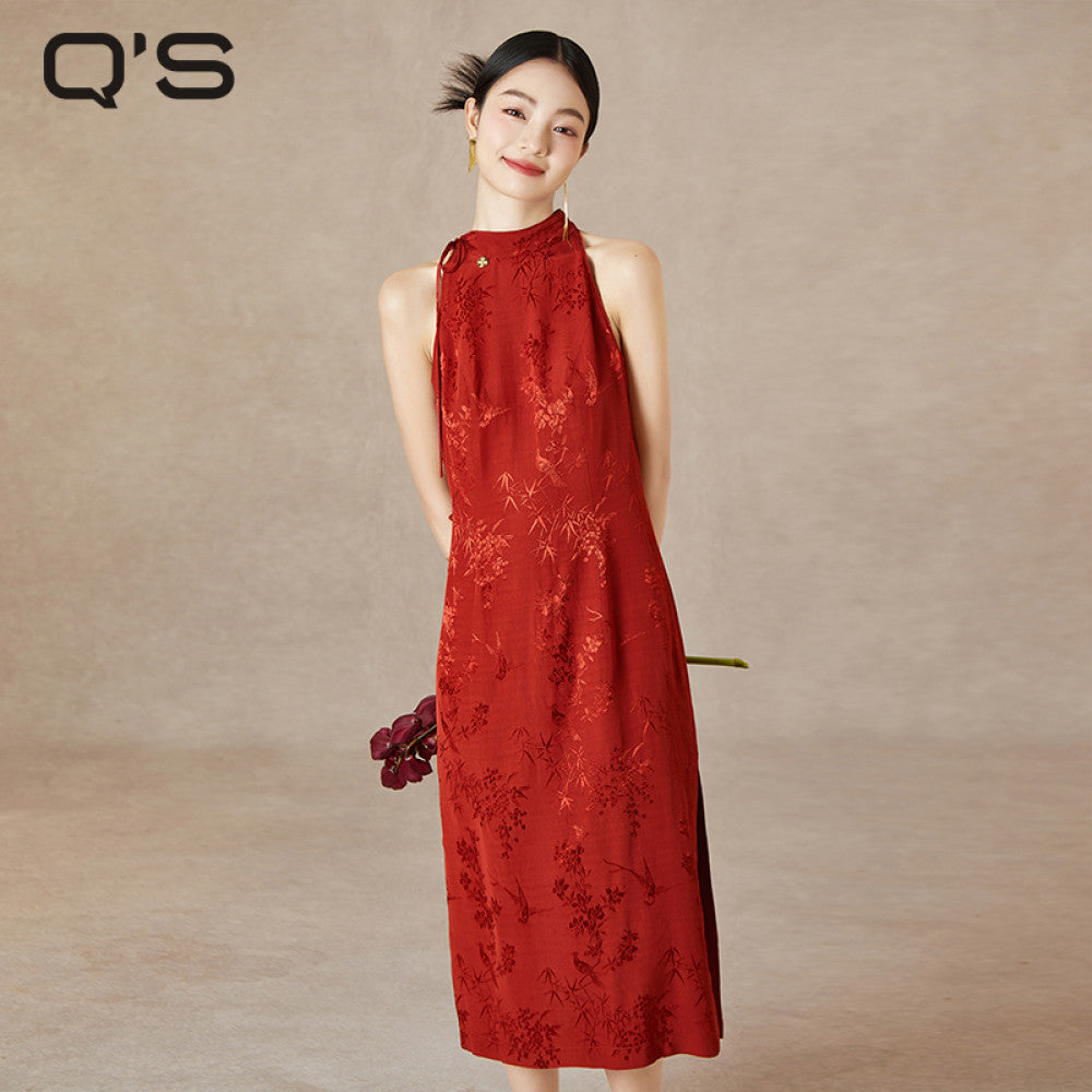 Straw Xi Summer New Style Chinese style Hanging Neck Red Dress Jacquard Slimming Wedding Cheongsam Slimming Slimming and Toasting Skirt image 13