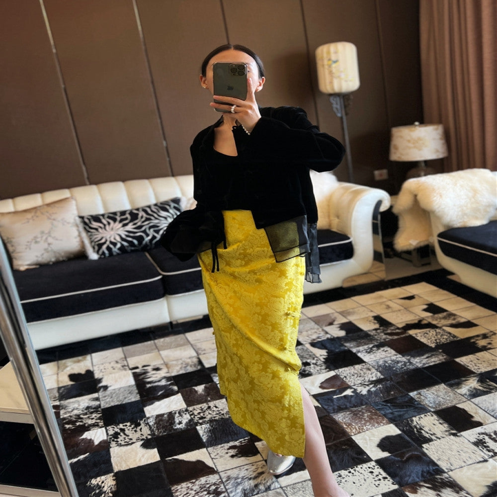 Yang Mi s same jacquard silk half skirt with high waist side slit buckle versatile Chinese style new Chinese style slimming F3220 image 3