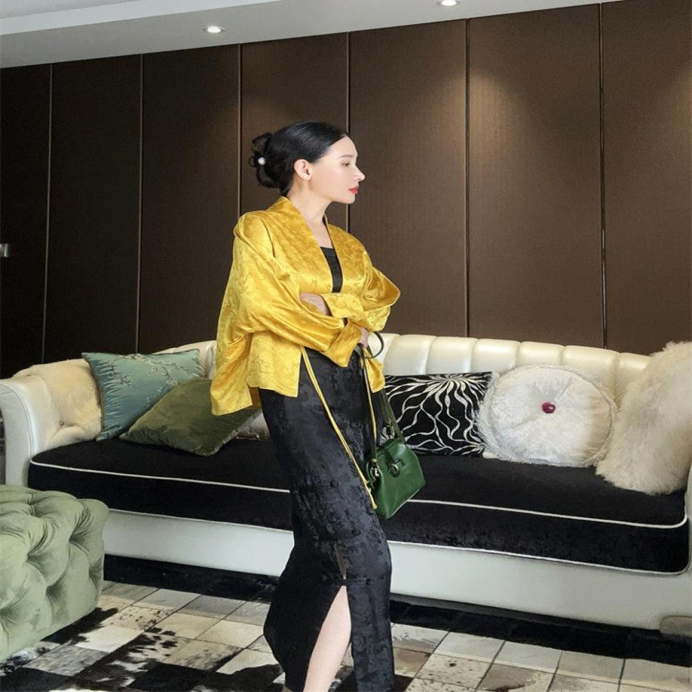 Yang Mi s same jacquard silk half skirt with high waist side slit buckle versatile Chinese style new Chinese style slimming F3220 image 4