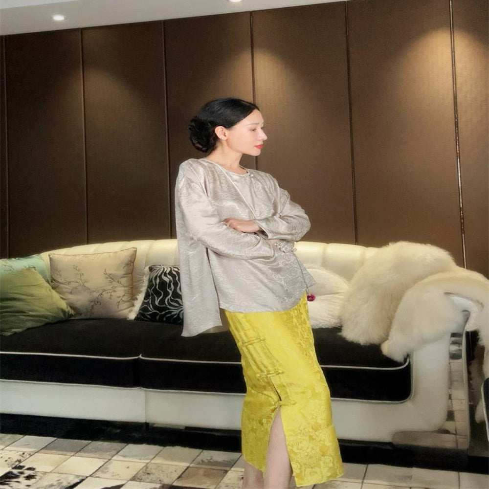 Yang Mi s same jacquard silk half skirt with high waist side slit buckle versatile Chinese style new Chinese style slimming F3220 image 5