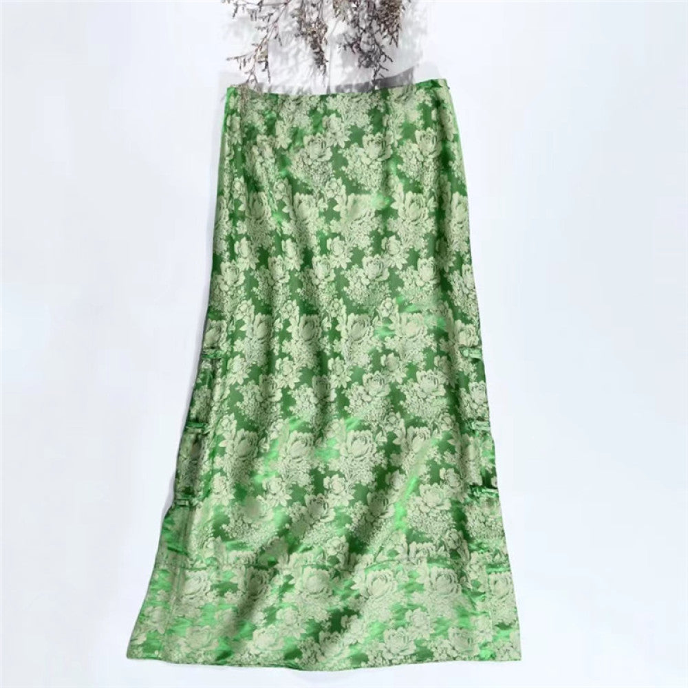 ASAYA4002 Luxurious Silk Floral Jacquard Chinese Style Skirt – Elegance Redefined