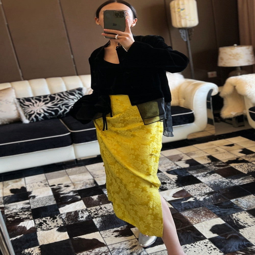 Yang Mi s same jacquard silk half skirt with high waist side slit buckle versatile Chinese style new Chinese style slimming F3220 image 23