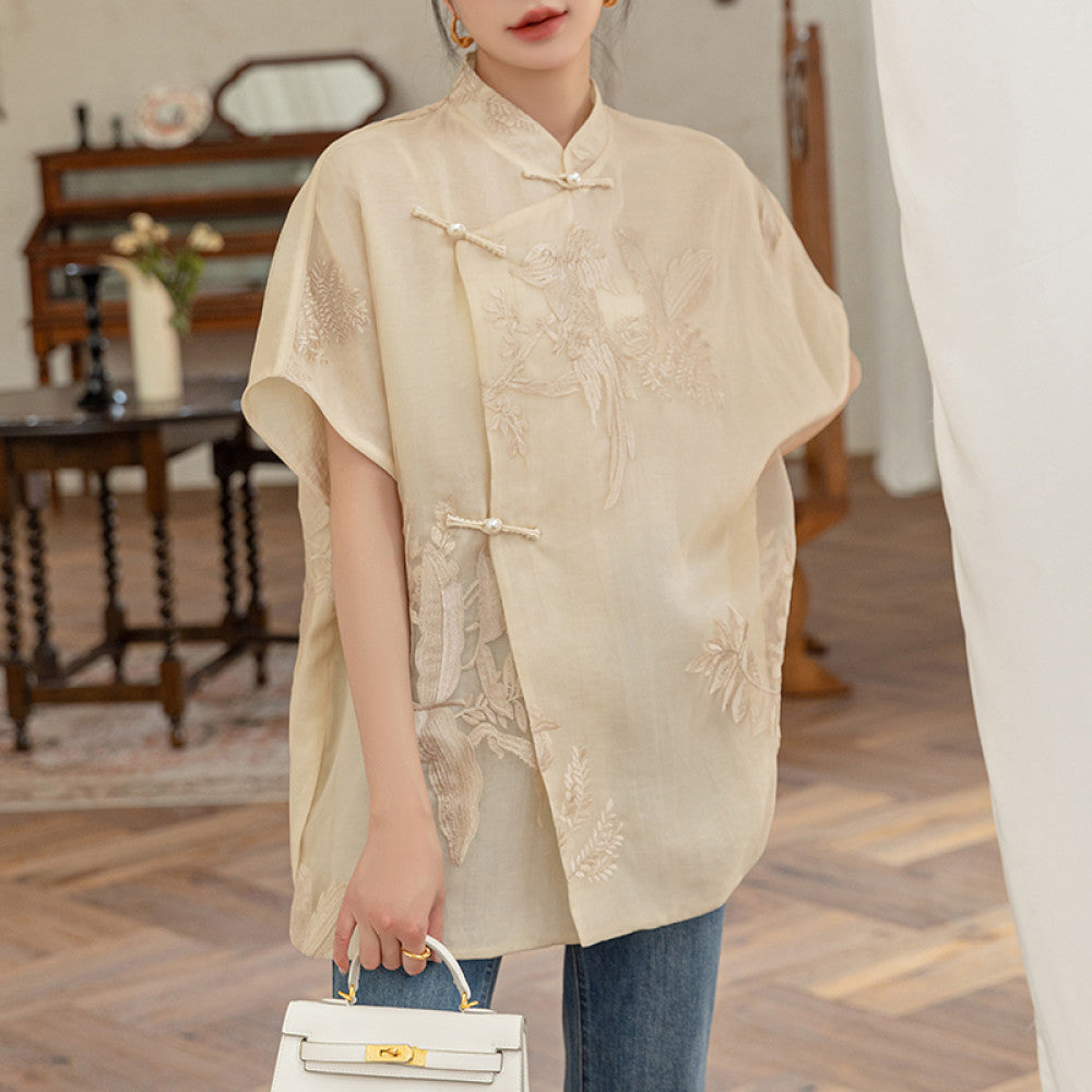 Pink covered ancient embroidered silk shirt women s summer improved new Chinese style improved button loose mulberry silk top image 11