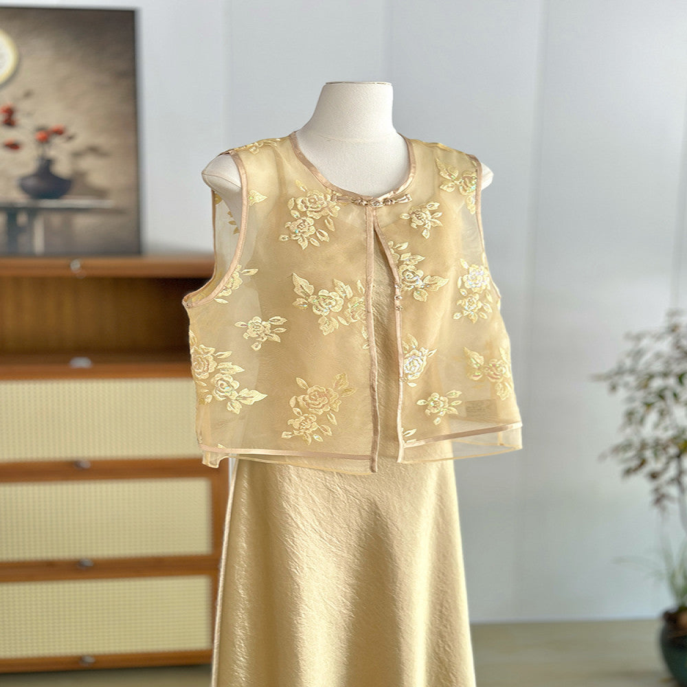 Yellow new Chinese style flower embroidered vest women s summer thin vest national style two piece suit young organza waistcoat image 1