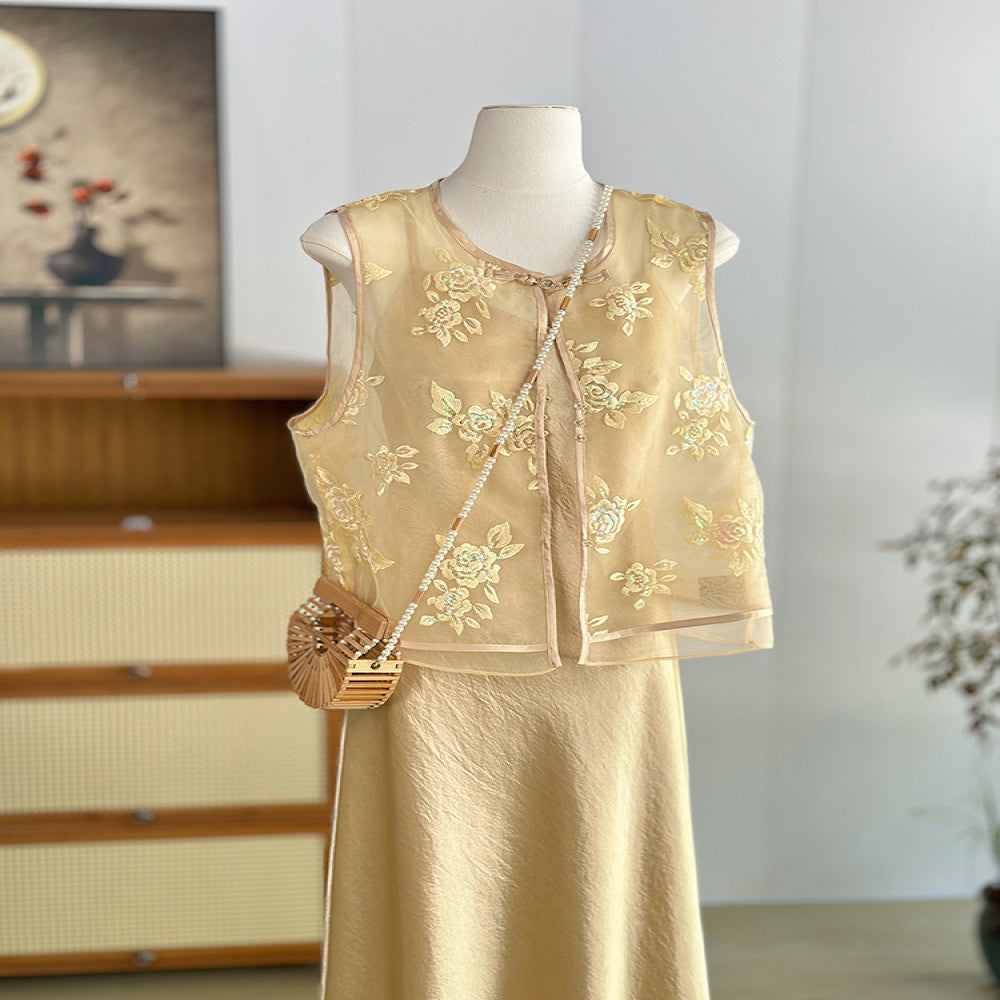 Yellow new Chinese style flower embroidered vest women s summer thin vest national style two piece suit young organza waistcoat image 2