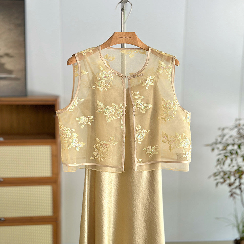 Yellow new Chinese style flower embroidered vest women s summer thin vest national style two piece suit young organza waistcoat image 3