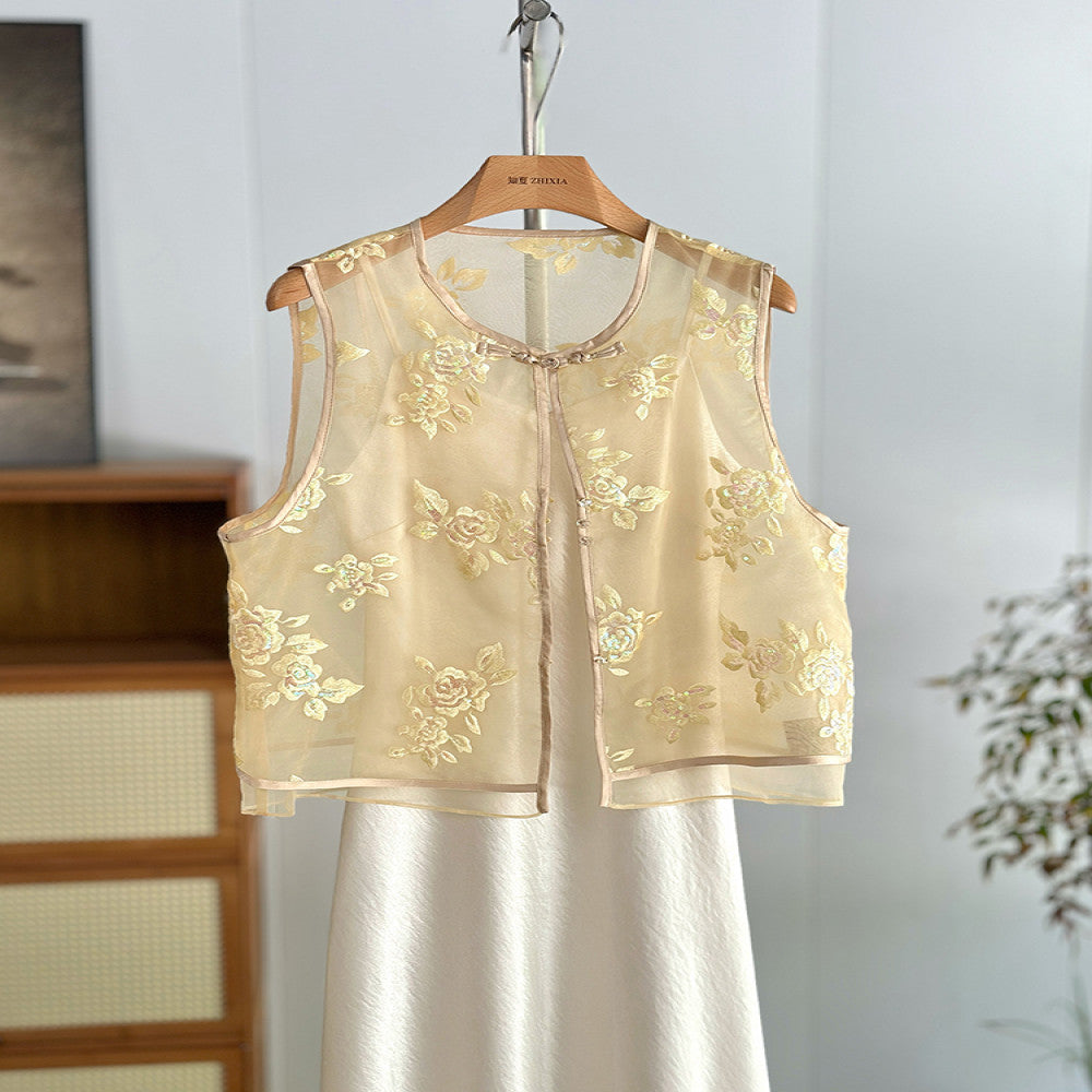 Yellow new Chinese style flower embroidered vest women s summer thin vest national style two piece suit young organza waistcoat image 4