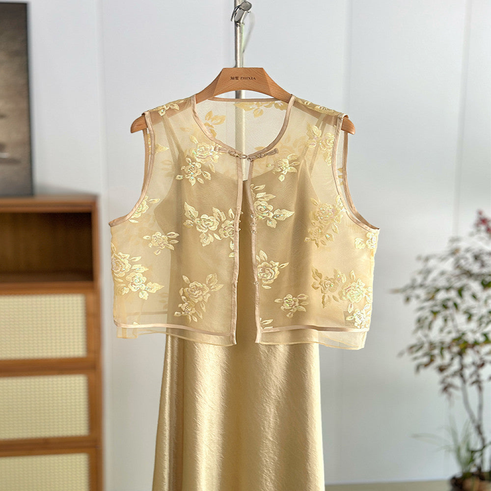 Yellow new Chinese style flower embroidered vest women s summer thin vest national style two piece suit young organza waistcoat image 5