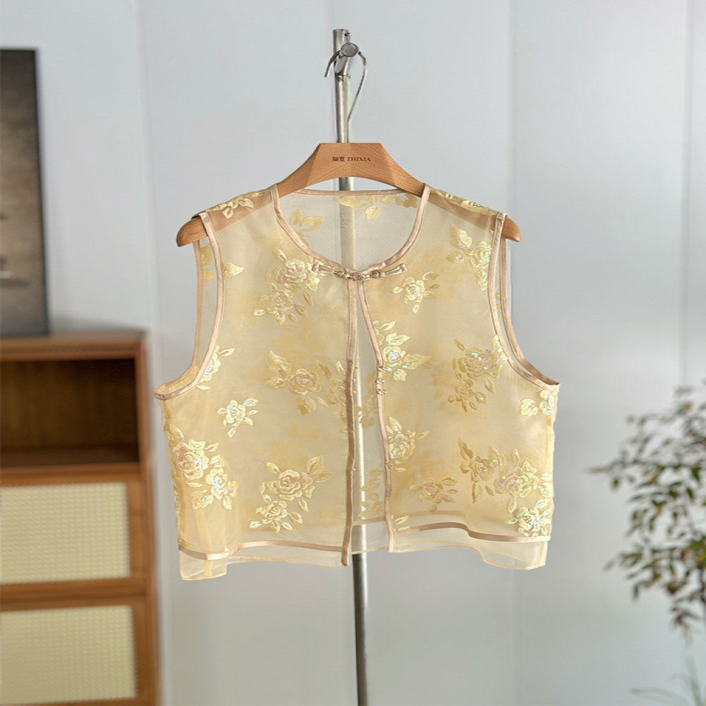Yellow new Chinese style flower embroidered vest women s summer thin vest national style two piece suit young organza waistcoat image 9