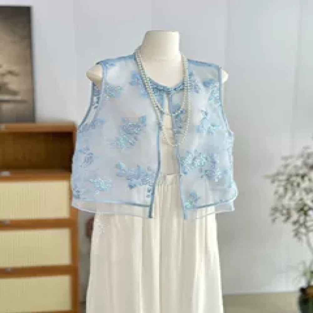 Yellow new Chinese style flower embroidered vest women s summer thin vest national style two piece suit young organza waistcoat image 12