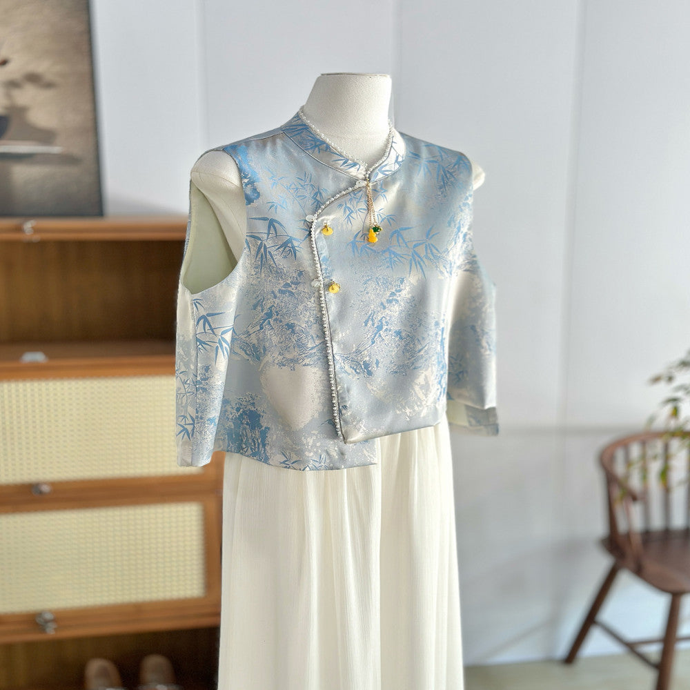 Blue new Chinese style vest women s sleeveless thin vest young style ethnic style high end imitation silk Tang suit top image 2