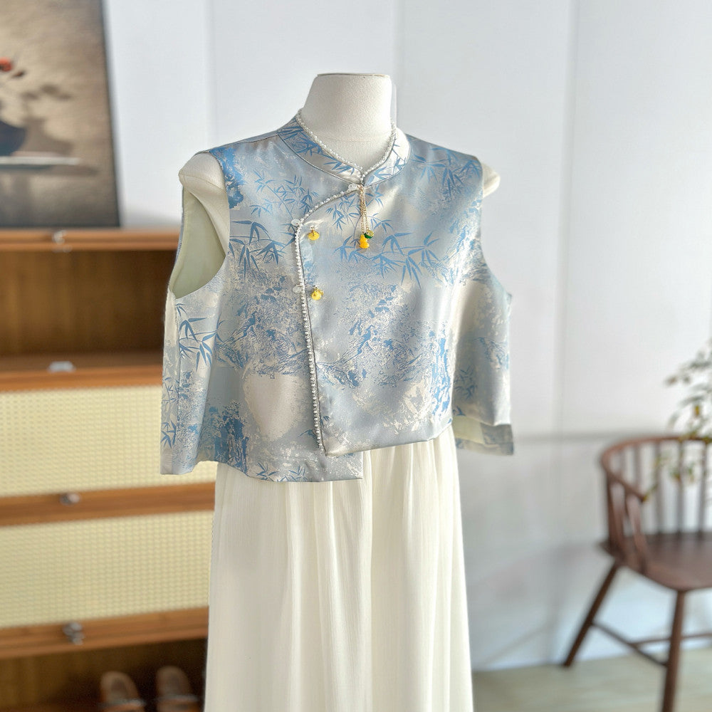 Blue new Chinese style vest women s sleeveless thin vest young style ethnic style high end imitation silk Tang suit top image 4