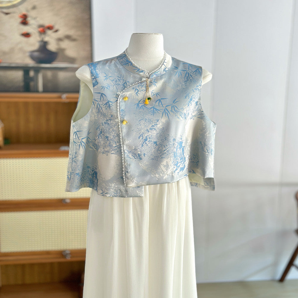 Blue new Chinese style vest women s sleeveless thin vest young style ethnic style high end imitation silk Tang suit top image 8