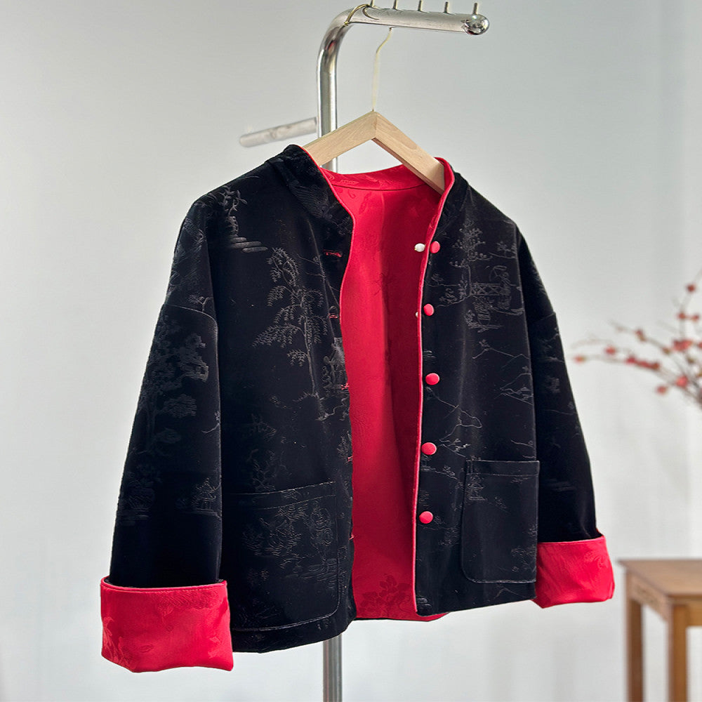 Original new Chinese retro national style velvet stand collar red and black double sided wear jacket women s autumn and winter short Tang suit top image 9