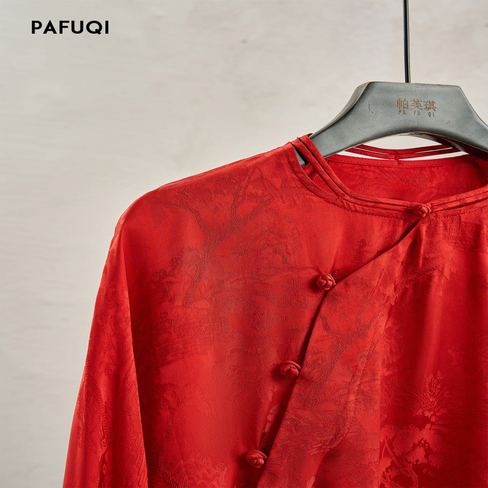 New Chinese style women s clothing 2025 new style early autumn outfit with high end jacquard satin acetate shirt half skirt set image 2