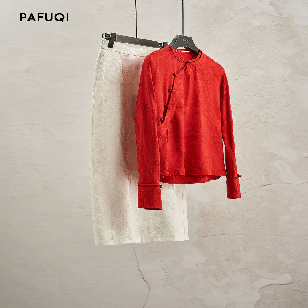 New Chinese style women s clothing 2025 new style early autumn outfit with high end jacquard satin acetate shirt half skirt set image 0