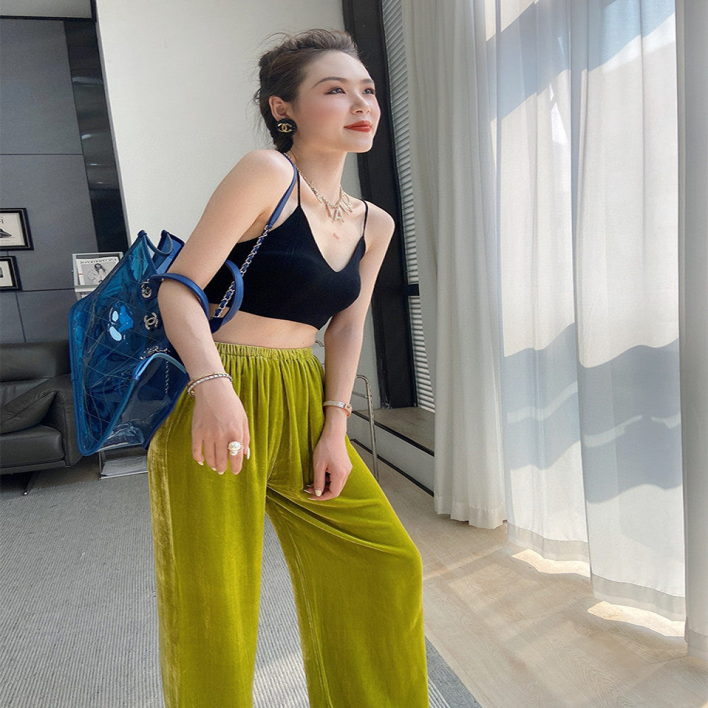 High end velvet pants for women fashionable silk velvet pants spring drape straight wide leg pants green velvet trousers image 0