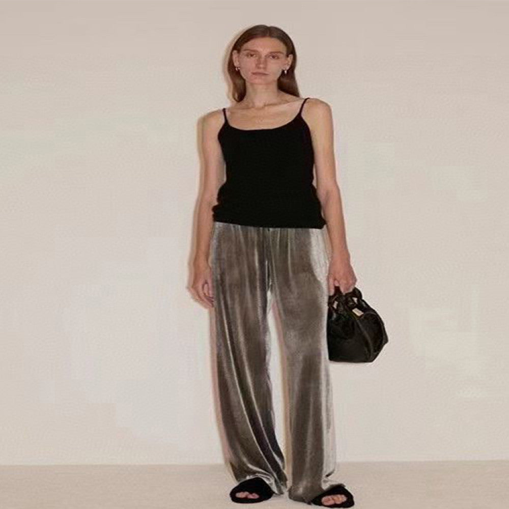 High end velvet pants for women fashionable silk velvet pants spring drape straight wide leg pants green velvet trousers image 62