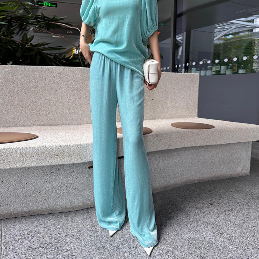 High end velvet pants for women fashionable silk velvet pants spring drape straight wide leg pants green velvet trousers image 7