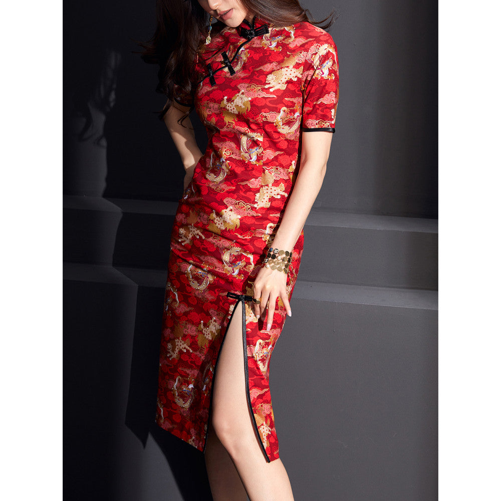 Fulang 2024 original store Dragon Totem Retro Button New Improved Slit Young Girl Long Cheongsam Skirt image 13