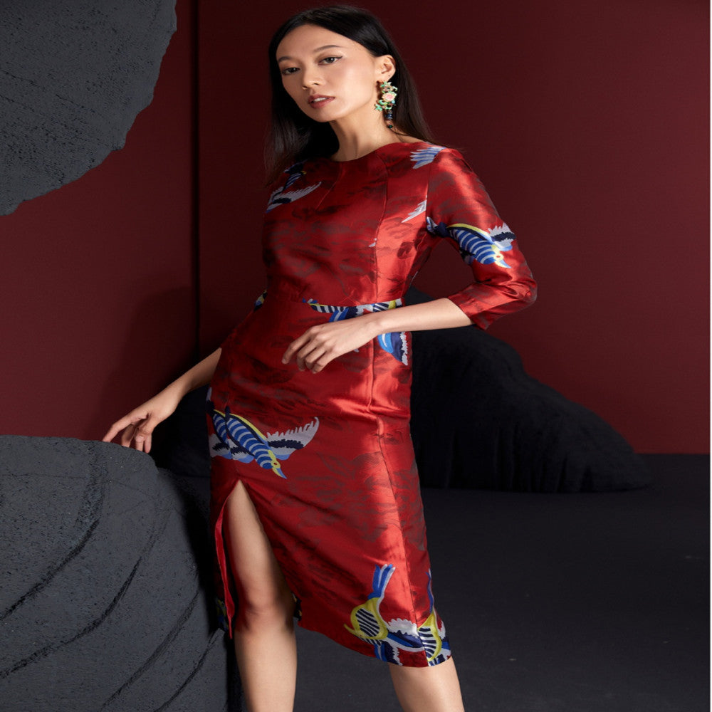 Fulang Original Design Style Shop Confident Luxury Jacquard Slim Fit Improved Hip Wrapped China Chic Long Cheongsam Dress image 2