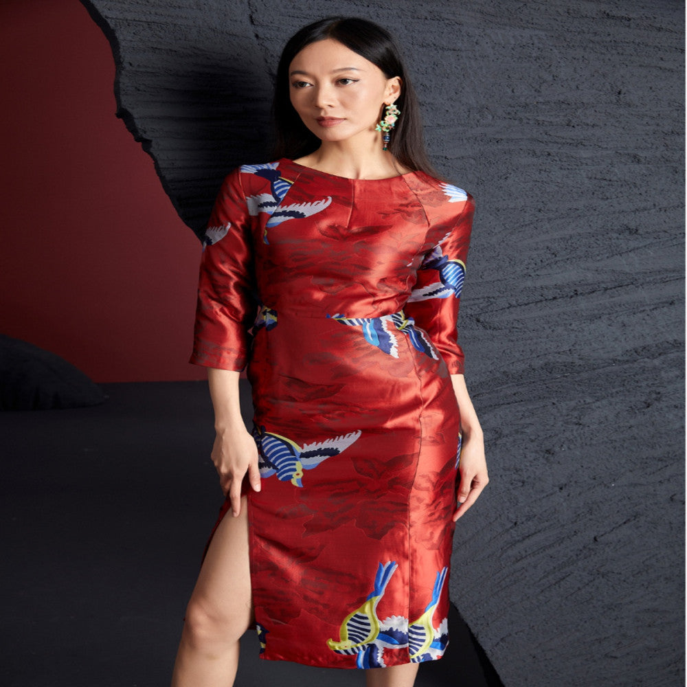 Fulang Original Design Style Shop Confident Luxury Jacquard Slim Fit Improved Hip Wrapped China Chic Long Cheongsam Dress image 5
