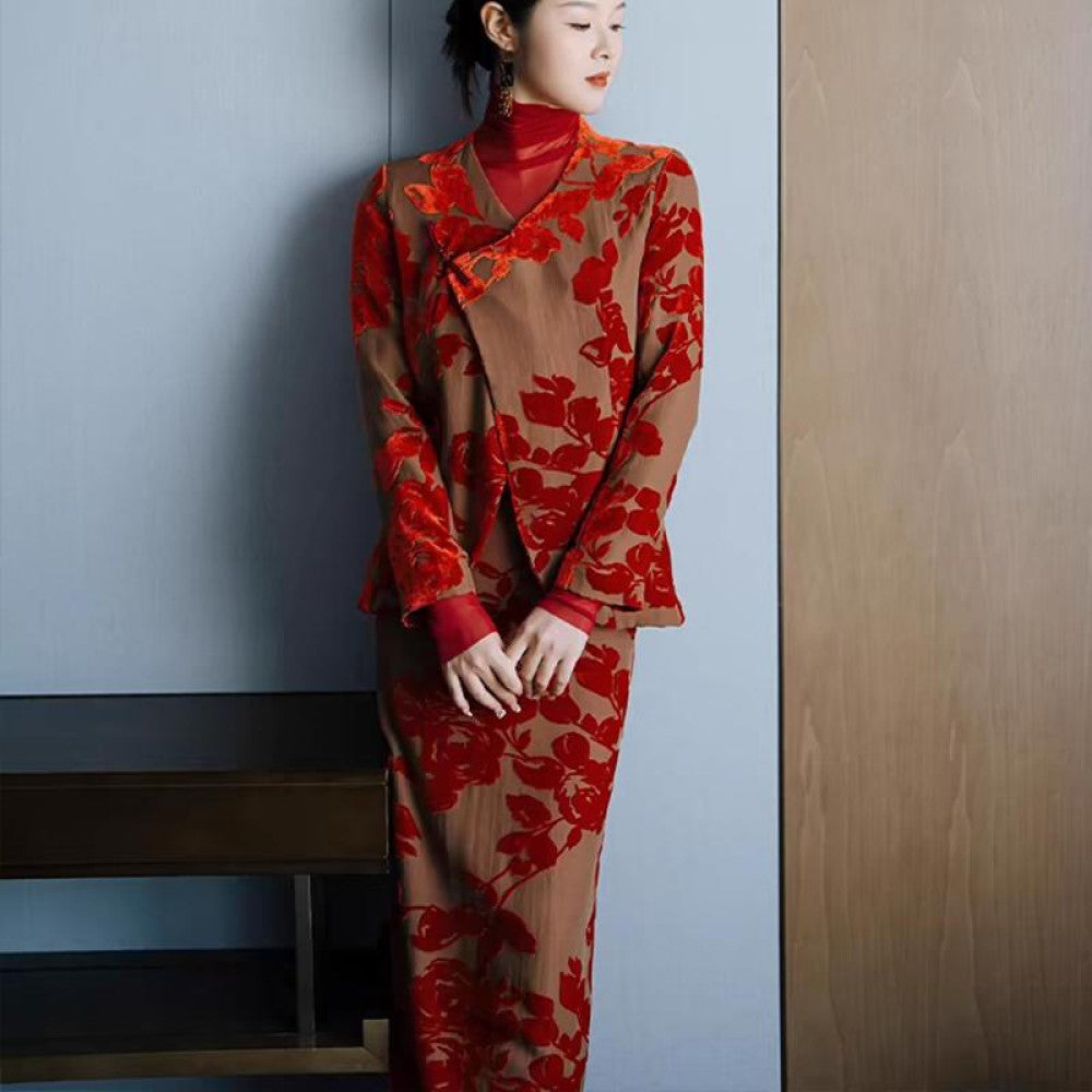 Morning gown female bride booking wedding new Chinese style coming out and returning home red toast dress party daily autumn and winter outfit set image 0