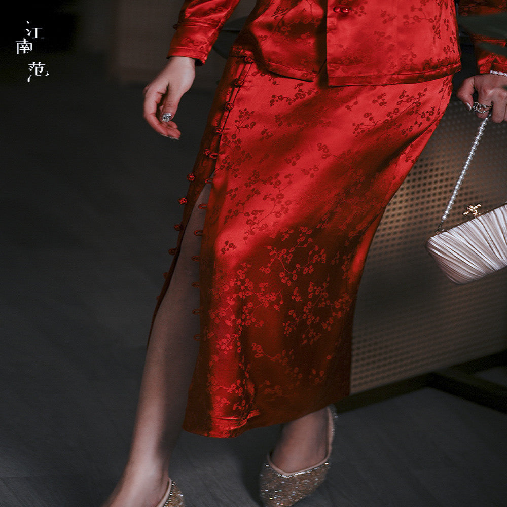 Jiangnan Fan Red Improved Tang Dress Versatile New Chinese High Waist Mid length Half length Skirt 2024 New Edition image 2