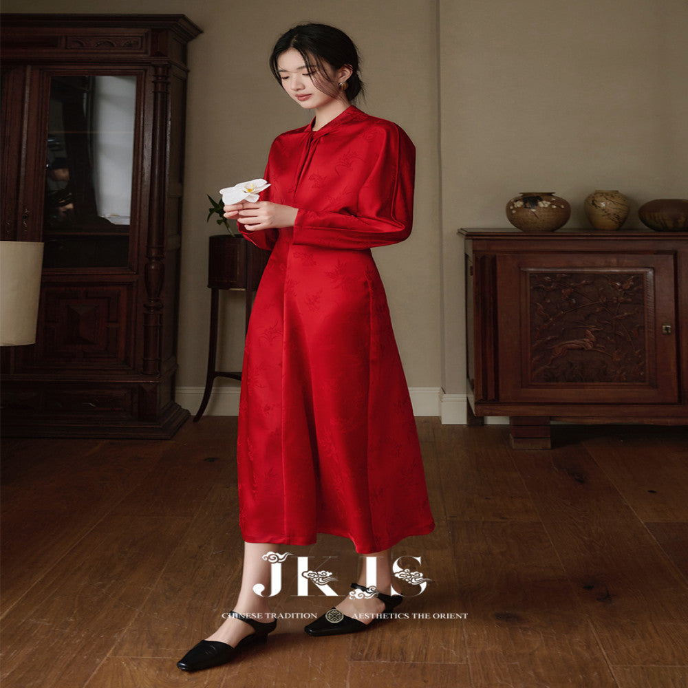 JKJS Qu Zhongren Satin feel dark jacquard new Chinese dress Spring and Autumn improved national style red skirt image 0