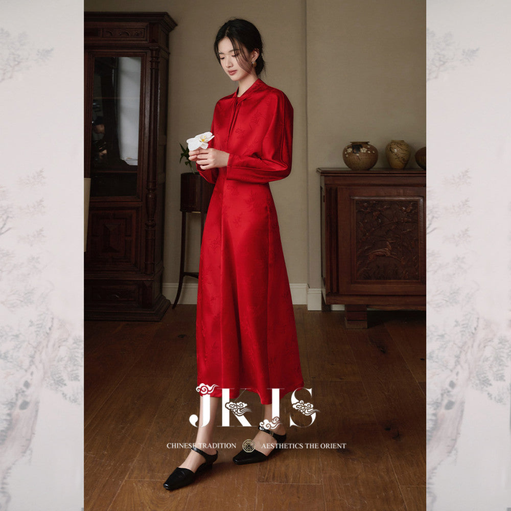 JKJS Qu Zhongren Satin feel dark jacquard new Chinese dress Spring and Autumn improved national style red skirt image 11