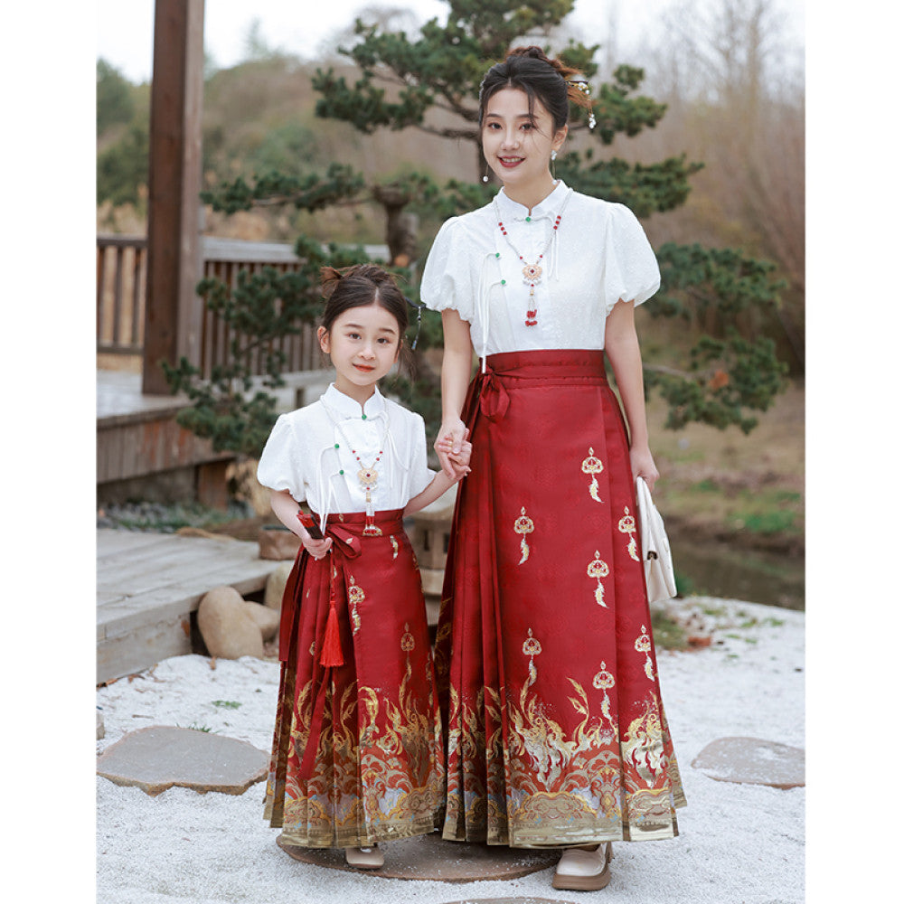New Chinese style horse face skirt parent child outfit mother daughter Tang outfit Chinese style Hanfu 2025 new summer outfit set red image 1