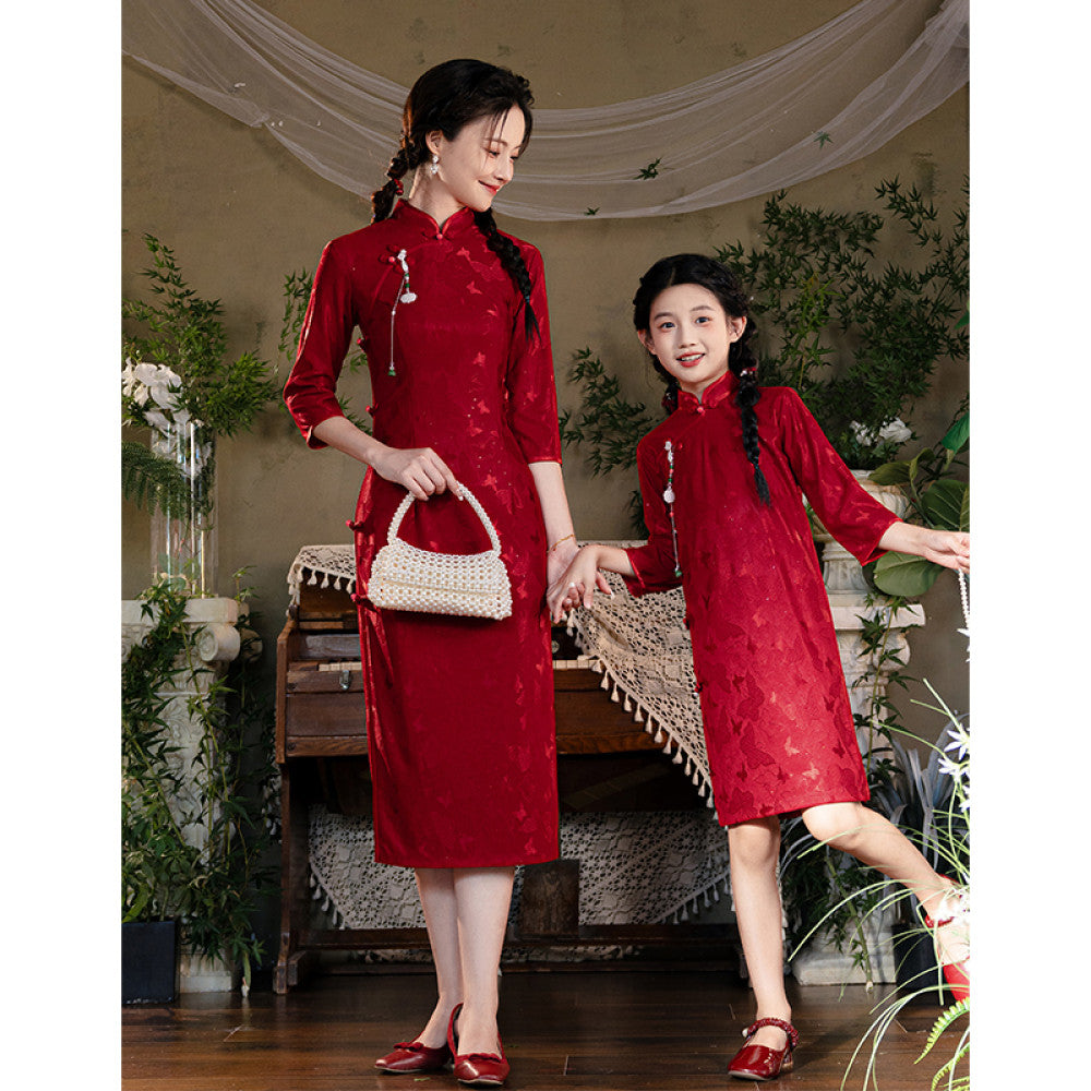 Burgundy cheongsam parent child outfit mother and daughter long sleeved autumn outfit 2025 new Chinese style girl parent child New Year greetings dress improvement image 20