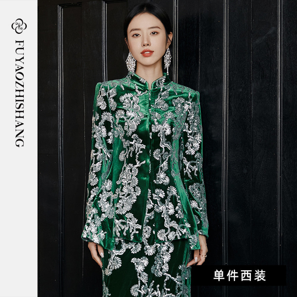 Customized Chinese style heavy beaded sequin suit light luxury velvet Tang suit No returns or exchanges image 6