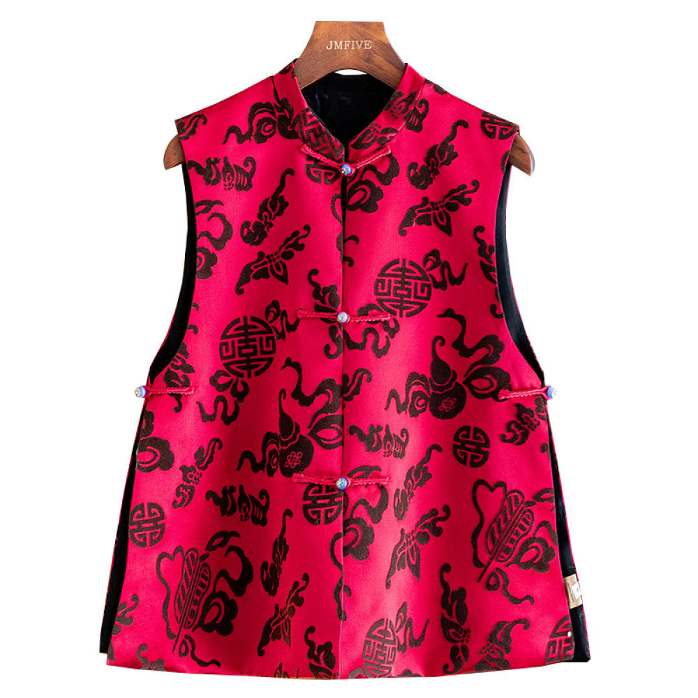 Flocking flower Chinese style red vest vest women 2025 autumn and winter new Chinese style stand collar beaded button vest women image 15