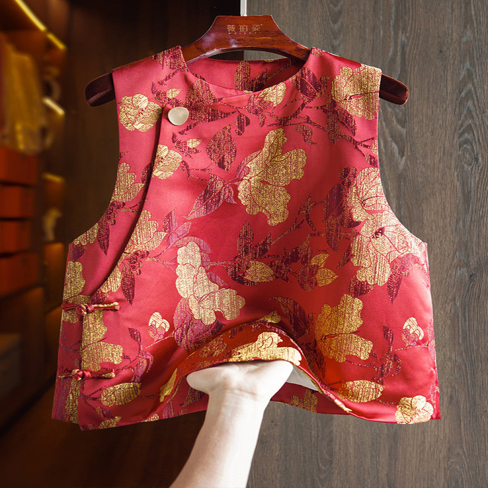 Red high end gold jacquard new Chinese style vest vest for women with improved oblique collar and buttons light national trend style layered top image 1