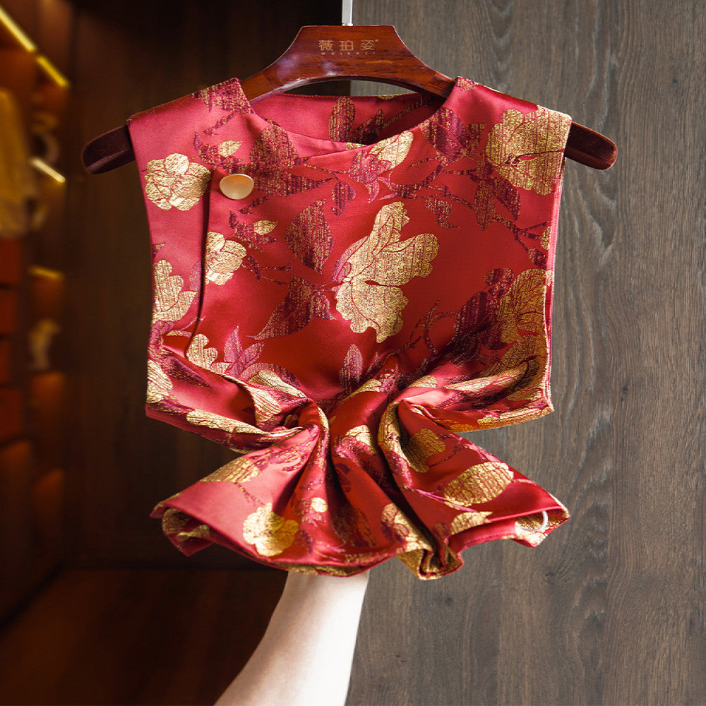 Red high end gold jacquard new Chinese style vest vest for women with improved oblique collar and buttons light national trend style layered top image 2