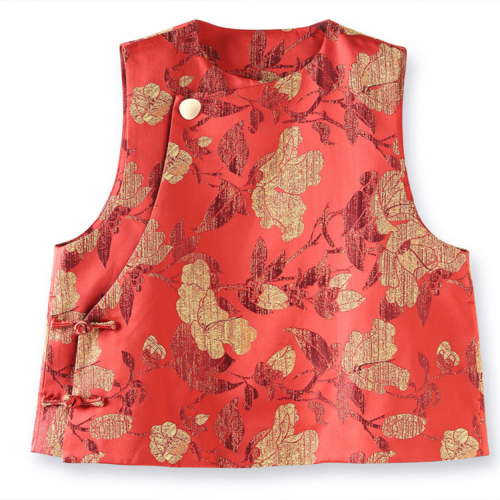 Red high end gold jacquard new Chinese style vest vest for women with improved oblique collar and buttons light national trend style layered top image 5