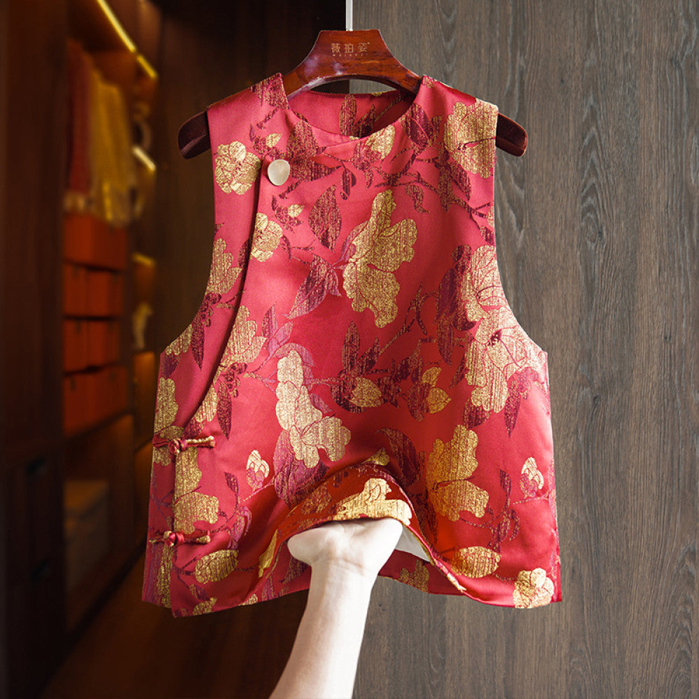 Red high end gold jacquard new Chinese style vest vest for women with improved oblique collar and buttons light national trend style layered top image 7
