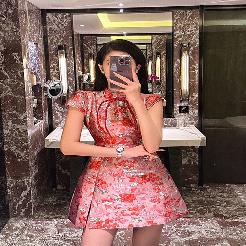 BETTER LS high end embroidered jacquard French retro Chanel style cheongsam dress slim floral short skirt image 1