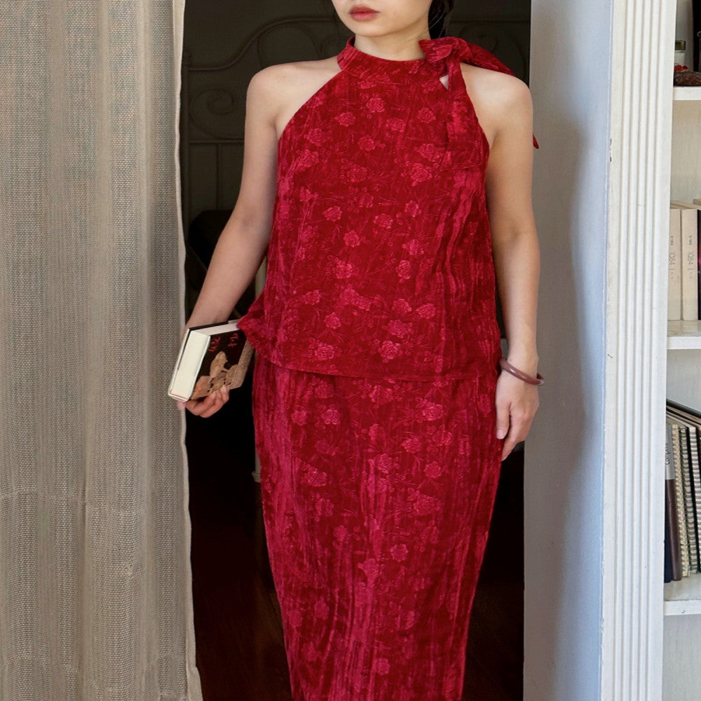 Srose Zhu Ying Retro Red Jacquard Velvet Dress Set New Chinese Style Two Piece Set New image 2