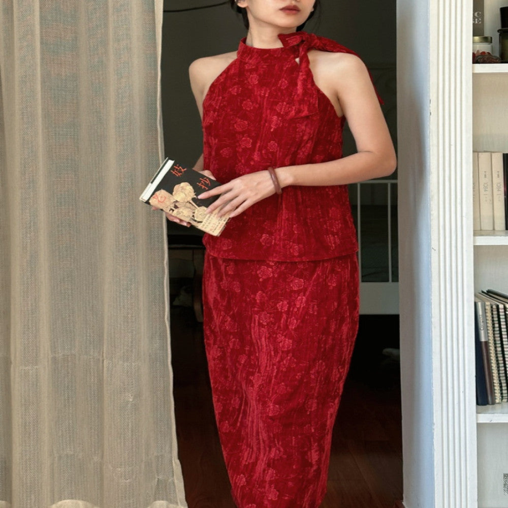 Srose Zhu Ying Retro Red Jacquard Velvet Dress Set New Chinese Style Two Piece Set New image 3