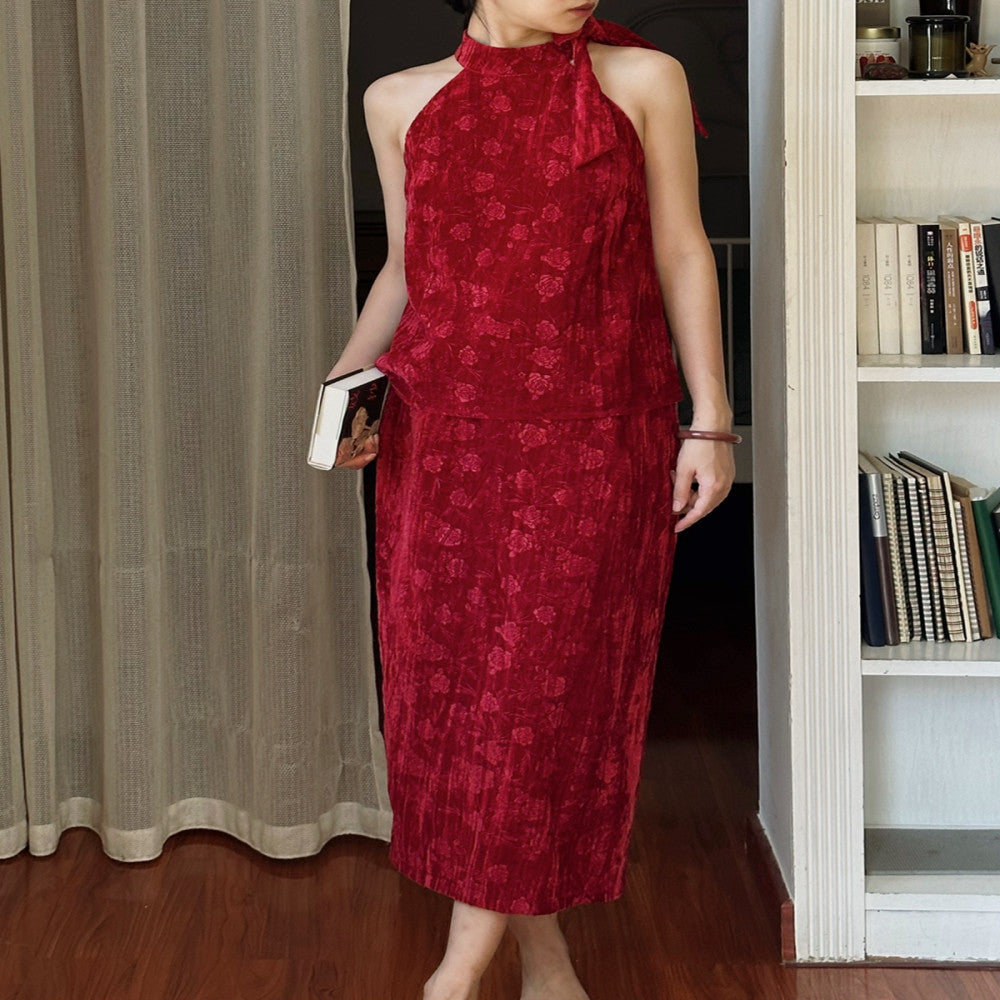 Srose Zhu Ying Retro Red Jacquard Velvet Dress Set New Chinese Style Two Piece Set New image 10